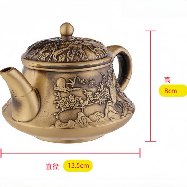 Small Embossed Landscape With Crane Pattern Brass Teapot Antique