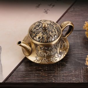 Small Embossed Landscape With Crane Pattern Brass Teapot Antique