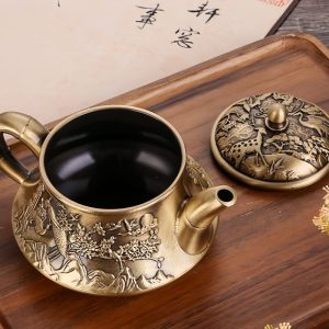 Small Embossed Landscape With Crane Pattern Brass Teapot Antique