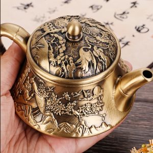 Small Embossed Landscape With Crane Pattern Brass Teapot Antique