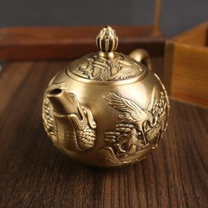 Small Hand Carved Crane Pattern Vintage Brass Teapot With Fish Spout For Sale