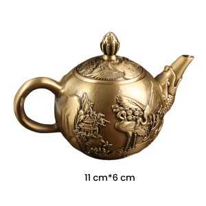 Small Hand Carved Crane Pattern Vintage Brass Teapot With Fish Spout For Sale