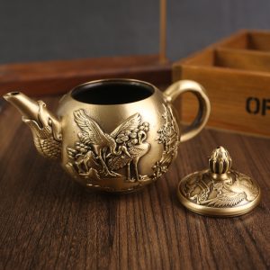 Small Hand Carved Crane Pattern Vintage Brass Teapot With Fish Spout For Sale