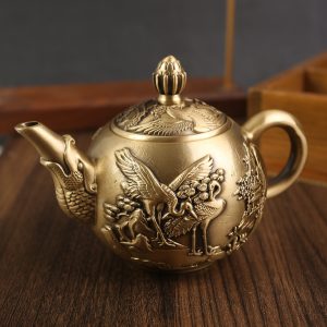 Small Hand Carved Crane Pattern Vintage Brass Teapot With Fish Spout For Sale