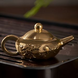 Small Handmade Plum With Magpie Theme Mini Brass Teapot For Sale