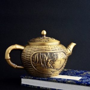 Small Handmade The Old Man Fishing Theme Weaved Brass Teapot Antique