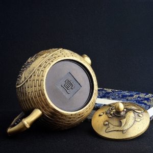 Small Handmade The Old Man Fishing Theme Weaved Brass Teapot Antique