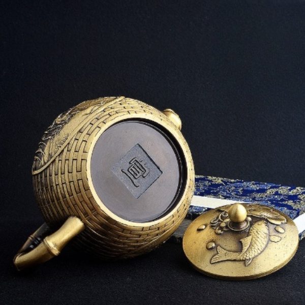 Small Handmade The Old Man Fishing Theme Weaved Brass Teapot Antique