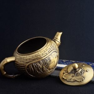 Small Handmade The Old Man Fishing Theme Weaved Brass Teapot Antique
