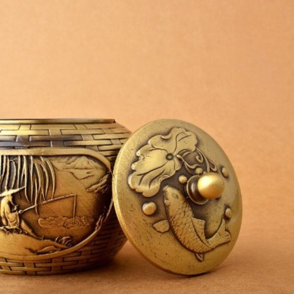 Small Handmade The Old Man Fishing Theme Weaved Brass Teapot Antique