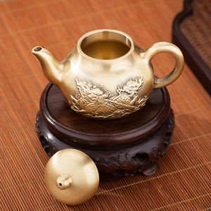 Small Traditional Embossed Foo Dog Pattern Vintage Brass Teapot For Sale