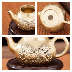 Small Traditional Embossed Foo Dog Pattern Vintage Brass Teapot For Sale