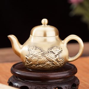 Small Traditional Embossed Foo Dog Pattern Vintage Brass Teapot For Sale