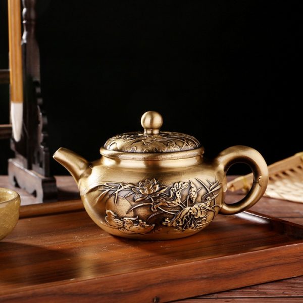 Small Traditional Embossed Mandarin Duck With Lotus Antique Brass Teapot