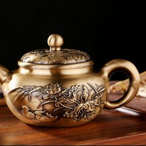 Small Traditional Embossed Mandarin Duck With Lotus Antique Brass Teapot