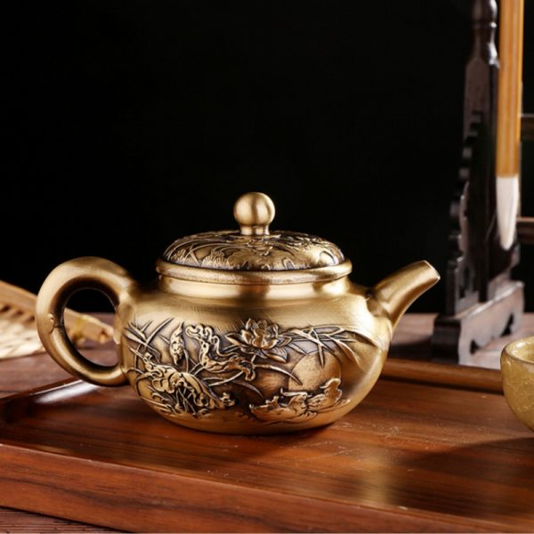 Small Traditional Embossed Mandarin Duck With Lotus Antique Brass Teapot