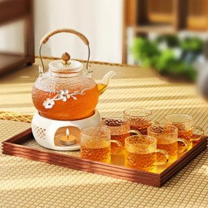 Tin Plum Flower Inlaid Hammered Heat Resistant Glass Flowering Tea Glasses Set
