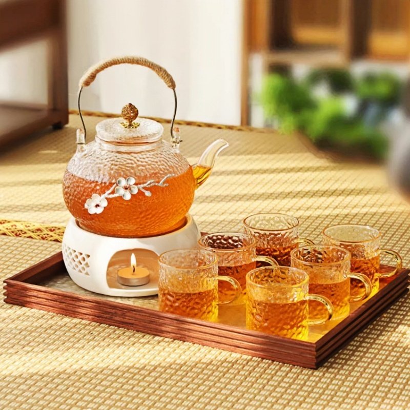 Tin Plum Flower Inlaid Hammered Heat Resistant Glass Flowering Tea Glasses Set Tin Plum Flower Inlaid Hammered Heat Resistant Glass Flowering Tea Glasses Set