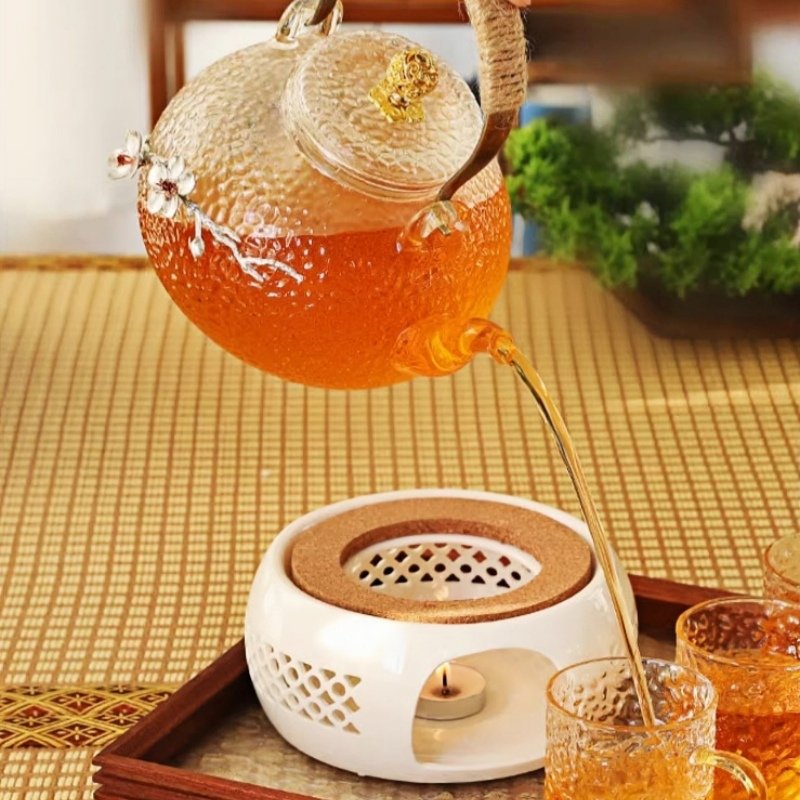 Tin Plum Flower Inlaid Hammered Heat Resistant Glass Flowering Tea Glasses Set Tin Plum Flower Inlaid Hammered Heat Resistant Glass Flowering Tea Glasses Set