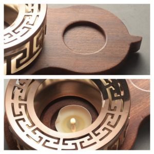 Traditional Antique Wooden And Stainless Gourd Shaped Tea Pot Wax Warmer