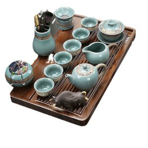 Traditional Ge Kiln Crack Glaze Gongfu Porcelain Tea Ceremony Set With Wooden Tray