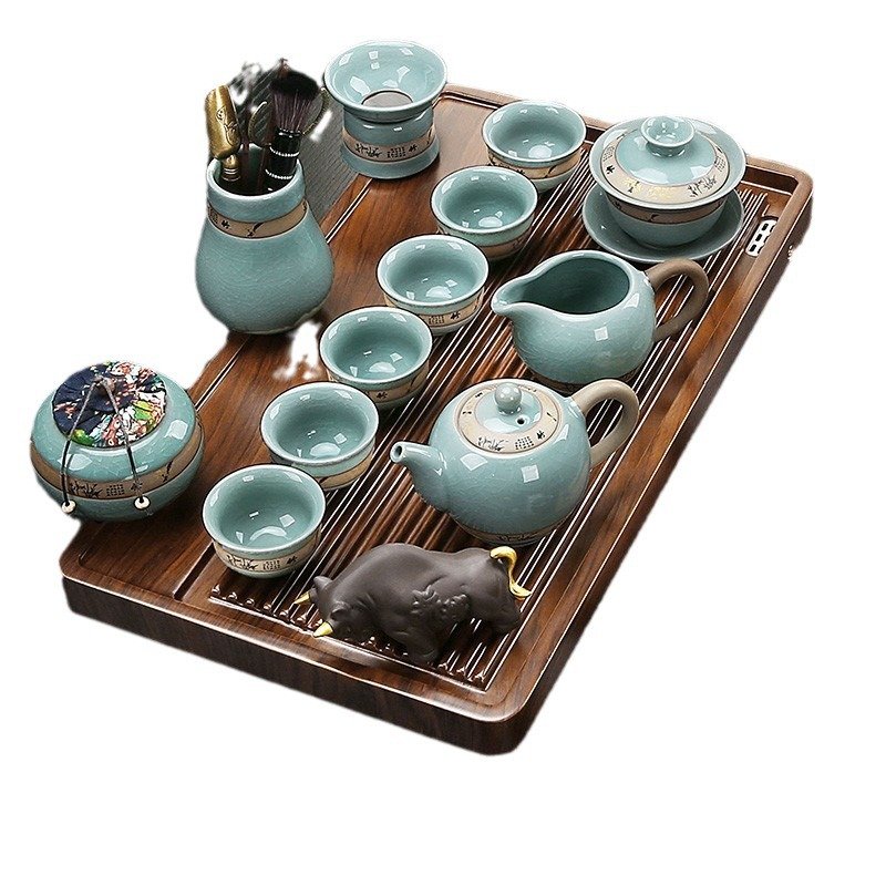 Traditional Ge Kiln Crack Glaze Gongfu Porcelain Tea Ceremony Set With Wooden Tray Traditional Ge Kiln Crack Glaze Gongfu Porcelain Tea Ceremony Set With Wooden Tray