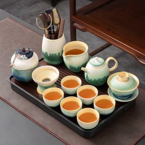 Traditional Green Hand Painted Landscape Theme Ceramic Antique Gongfu Kung Fu Tea Tray Set