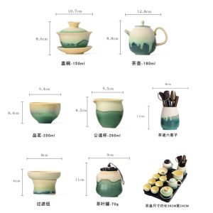 Traditional Green Hand Painted Landscape Theme Ceramic Antique Gongfu Kung Fu Tea Tray Set