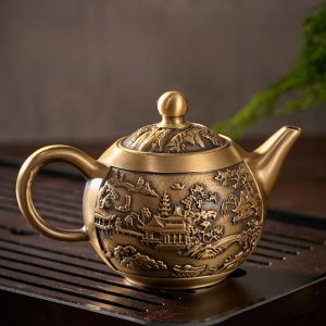 Traditional Handcrafted Landscape Pattern Antique Brass Tea Kettle for Sale