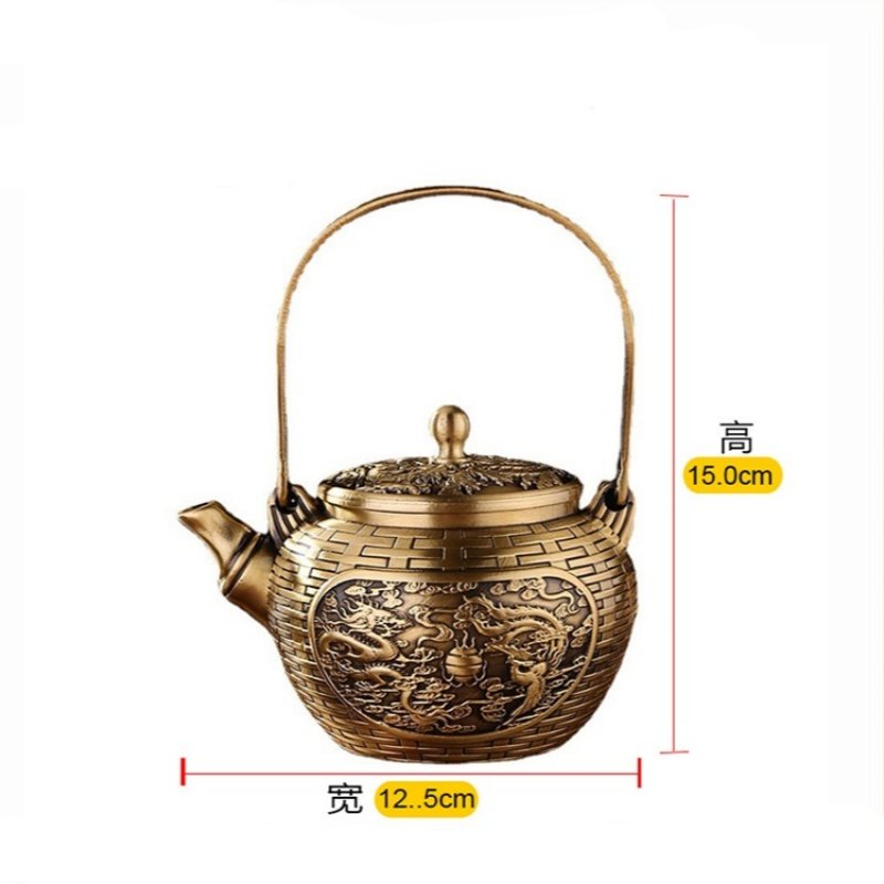 Traditional Luxurious Dragon And Phoenix Theme Weave Antique Brass Tea Kettle With Lifting Beam Traditional Luxurious Dragon And Phoenix Theme Weave Antique Brass Tea Kettle With Lifting Beam
