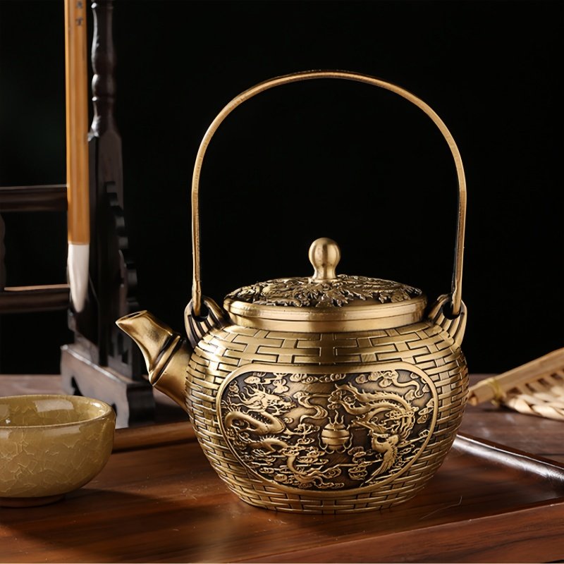 Traditional Luxurious Dragon And Phoenix Theme Weave Antique Brass Tea Kettle With Lifting Beam Traditional Luxurious Dragon And Phoenix Theme Weave Antique Brass Tea Kettle With Lifting Beam