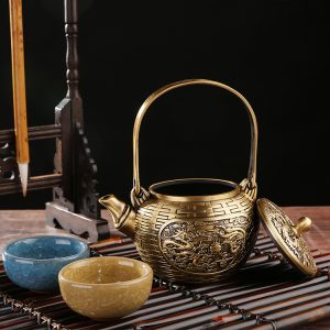 Traditional Luxurious Dragon And Phoenix Theme Weave Antique Brass Tea Kettle With Lifting Beam