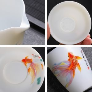 Traditional Mutton Fat Jade White Porcelain Gold Fish Theme Chinese Tea Service Set