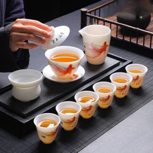 Traditional Mutton Fat Jade White Porcelain Gold Fish Theme Chinese Tea Service Set