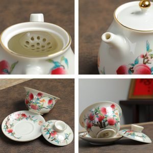 Traditional Red Blessing Peach Theme Hand Painted Ceramic Chinese Tea Sets Antique