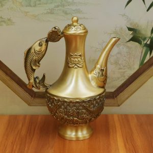 Traditional Sea Wave Theme Vintage Brass Teapot With Fish Shaped Handle