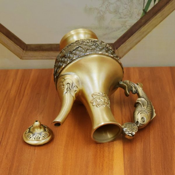 Traditional Sea Wave Theme Vintage Brass Teapot With Fish Shaped Handle