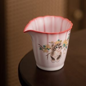 Unique Lard-frost Glaze Yellow Flowers And Cat Pattern Pink Petal Shape Gonfu Tea Ceremony Cha Ha