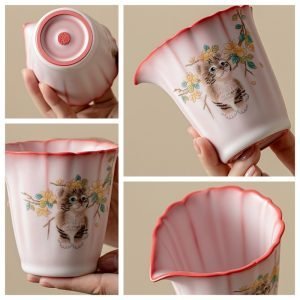 Unique Lard-frost Glaze Yellow Flowers And Cat Pattern Pink Petal Shape Gonfu Tea Ceremony Cha Ha