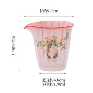 Unique Lard-frost Glaze Yellow Flowers And Cat Pattern Pink Petal Shape Gonfu Tea Ceremony Cha Ha