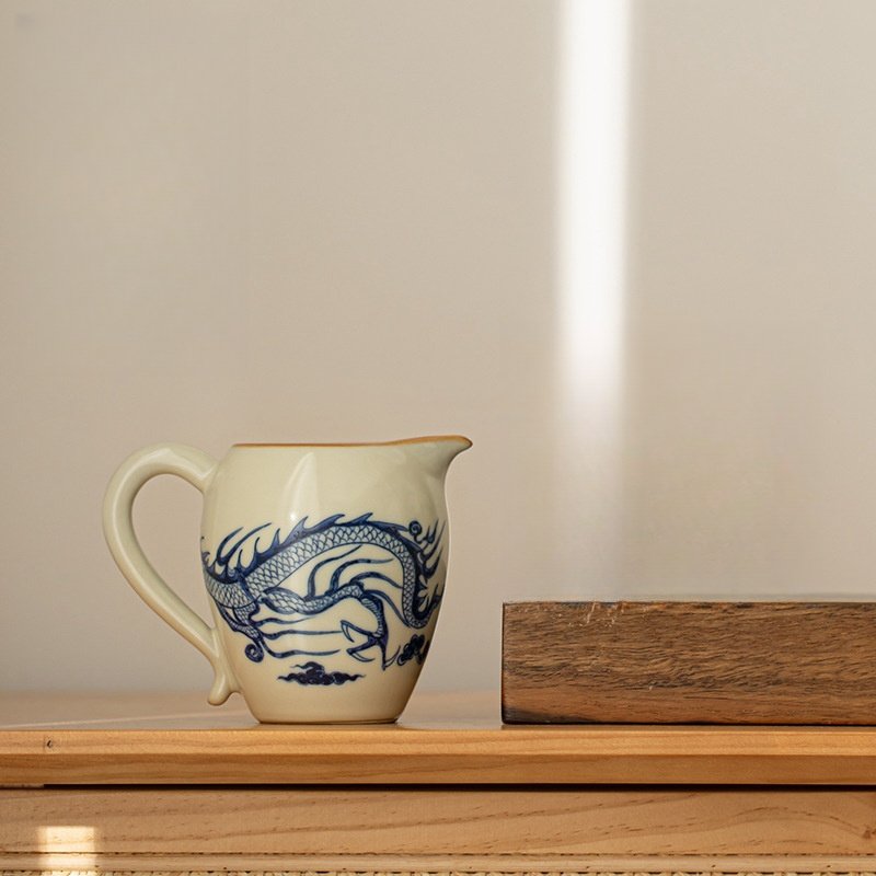 Vintage Azure Dragon Pattern Ru Kiln Porcelain Beige Gongfu Tea Ceremony Cha Hai For Sale Vintage Azure Dragon Pattern Ru Kiln Porcelain Beige Gongfu Tea Ceremony Cha Hai For Sale