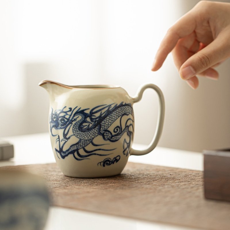 Vintage Azure Dragon Pattern Ru Kiln Porcelain Beige Gongfu Tea Ceremony Cha Hai For Sale Vintage Azure Dragon Pattern Ru Kiln Porcelain Beige Gongfu Tea Ceremony Cha Hai For Sale