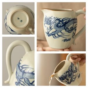 Vintage Azure Dragon Pattern Ru Kiln Porcelain Beige Gongfu Tea Ceremony Cha Hai For Sale