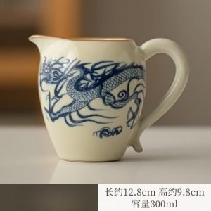 Vintage Azure Dragon Pattern Ru Kiln Porcelain Beige Gongfu Tea Ceremony Cha Hai For Sale