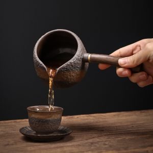 Vintage Black Ebony Wood Gilded Iron Glaze Handmade Rough Pottery Side-handle Gong Dao Bei