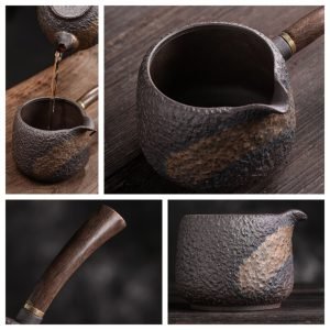 Vintage Black Ebony Wood Gilded Iron Glaze Handmade Rough Pottery Side-handle Gong Dao Bei