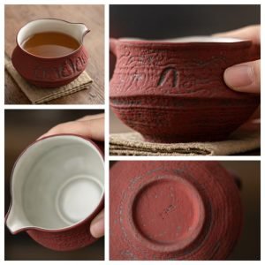 Vintage Chinese Style Red Ochre Dunhuang Buddha Statue Rough Pottery Gongfu Teaware Fair Cups