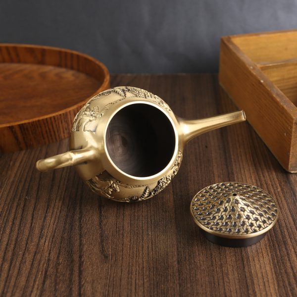 Vintage Exquisite Landscape Theme Small Brass Teapot With Long Spout