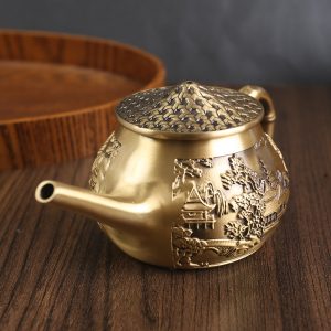 Vintage Exquisite Landscape Theme Small Brass Teapot With Long Spout