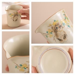 Vintage Imitation Song Style Ceramic Cute Cat Pattern Ru Kiln Beige Fair Cups Tea Divider